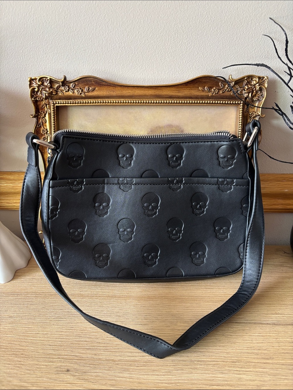 MAD Engine Black Skull-Embossed Shoulder Bag